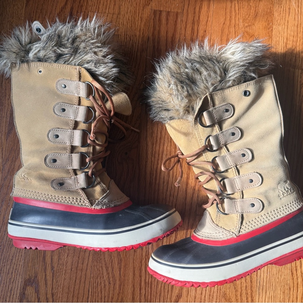 Sorel Joan of Arctic fur boots 7 RED Tan Wheat